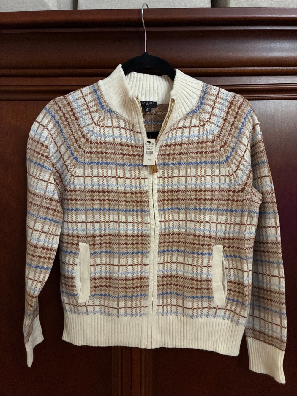 Talbots Womens Cream Plaid Zip Cardigan Sweater